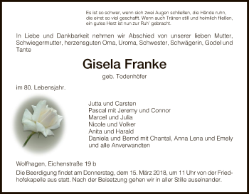 Todesanzeige von Gisela Franke von HNA