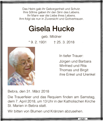 Todesanzeige von Gisela Hucke von HNA