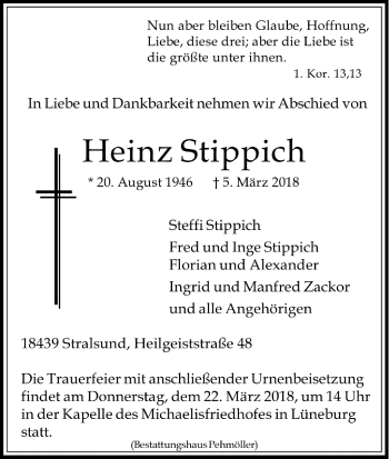 Todesanzeige von Heinz Stippich von etm