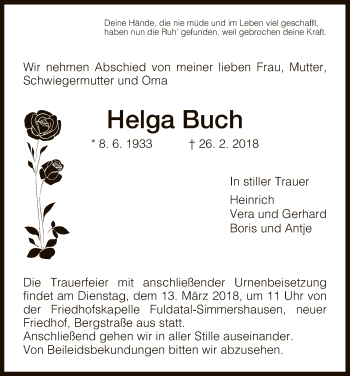 Todesanzeige von Helga Buch von HNA