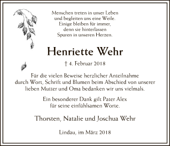 Todesanzeige von Henriette Wehr von HNA
