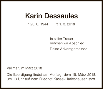 Todesanzeige von Karin Dessaules von HNA