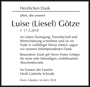Todesanzeige von Luise Götze von HNA
