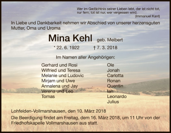 Todesanzeige von Mina Kehl von HNA