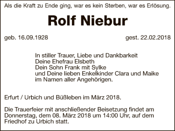 Todesanzeige von Rolf Niebur von HNA