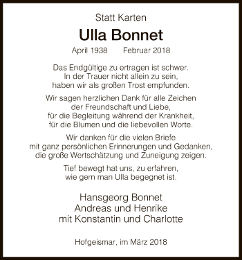 Todesanzeige von Ulla Bonnet von HNA