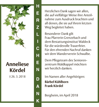 Todesanzeige von Anneliese Kördel von HNA