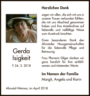 Todesanzeige von Gerda Isigkeit von HNA