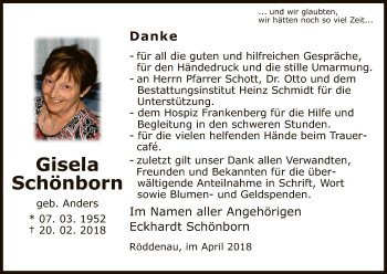 Todesanzeige von Gisela Schönborn von HNA