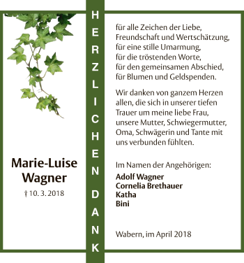 Todesanzeige von ImNamen der Angehörigen von HNA