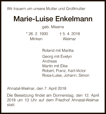 Todesanzeige von Marie-Luise Enkelmann von HNA