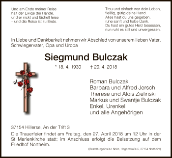 Todesanzeige von Siegmund Bulczak von HNA