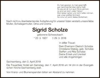Todesanzeige von Sigrid Scholze von HNA