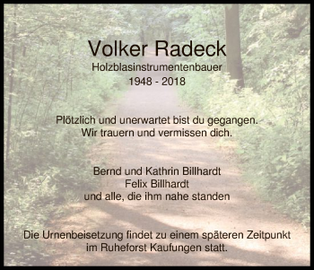 Todesanzeige von Volker Radeck von HNA