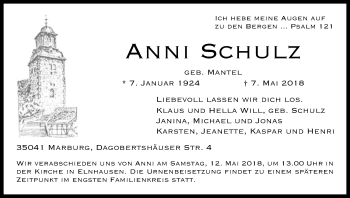 Todesanzeige von Anni Schulz von HNA