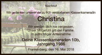 Todesanzeige von Christina  von HNA