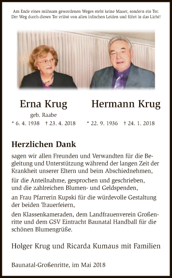 Todesanzeige von Erna und Hermann Krug von HNA