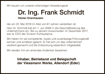 Todesanzeige von Frank Schmidt von HNA