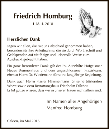 Todesanzeige von Friedrich Homburg von HNA