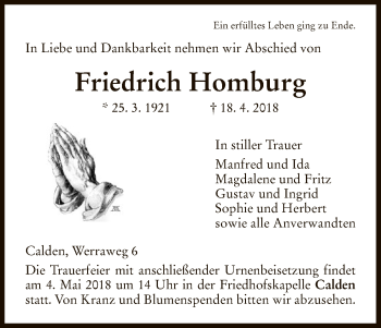 Todesanzeige von Friedrich Homburg von HNA