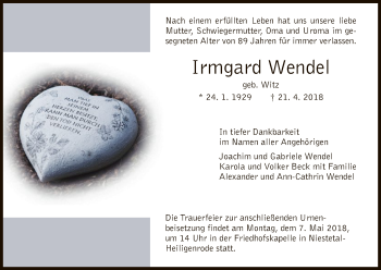 Todesanzeige von Irmgard Wendel von HNA