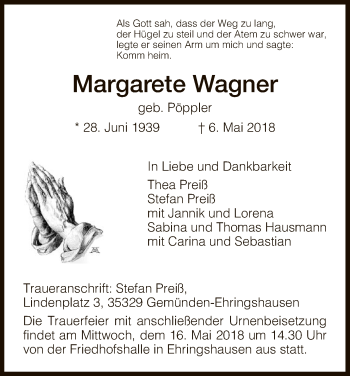 Todesanzeige von Margarete Wagner von HNA