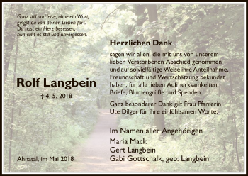 Todesanzeige von Rolf Langbein von HNA