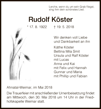 Todesanzeige von Rudolf Köster von HNA