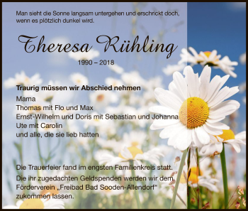 Todesanzeige von Theresa Rühling von HNA