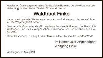 Todesanzeige von Waldtraut Finke von HNA