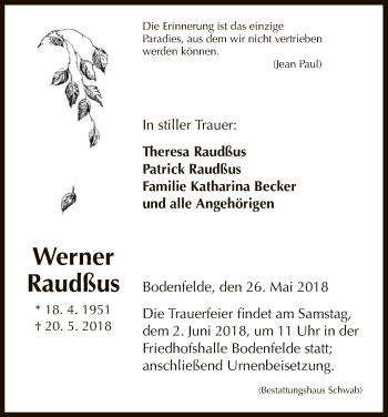 Todesanzeige von Werner Raudßus von HNA