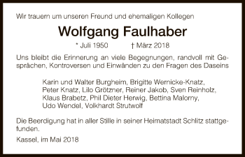 Todesanzeige von Wolfgang Faulhaber von HNA