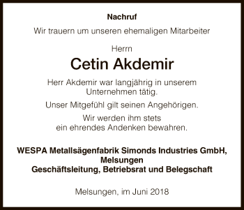 Todesanzeige von Cetin Akdemir von HNA