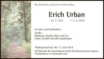 Todesanzeige von Erich Urban von HNA
