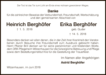 Todesanzeige von Erika und Heinrich Berghöfer von HNA