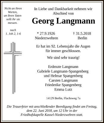 Todesanzeige von Georg Langmann von HNA