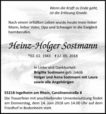 Todesanzeige von Heinz-Holger Sostmann von HNA