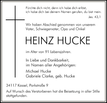 Todesanzeige von Heinz Hucke von HNA