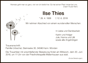 Todesanzeige von Ilse Thies von HNA