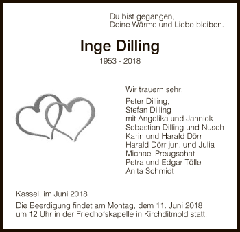 Todesanzeige von Inge Dilling von HNA