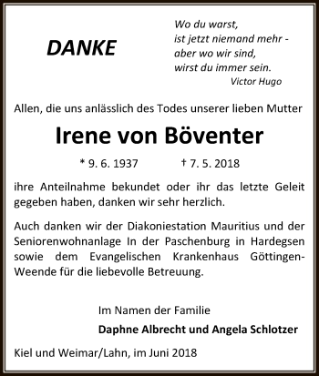 Todesanzeige von Irene von Böventer von HNA