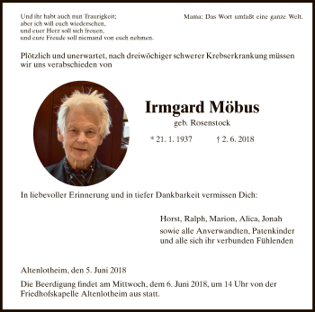Todesanzeige von Irmgard Möbus von HNA
