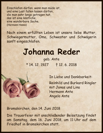 Todesanzeige von Johanna Reder von HNA