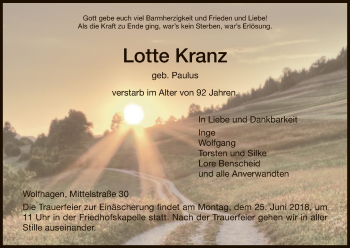 Todesanzeige von Lotte Kranz von HNA