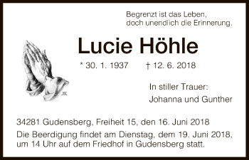 Todesanzeige von Lucie Höhle von HNA