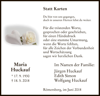 Todesanzeige von Maria Huckauf von HNA