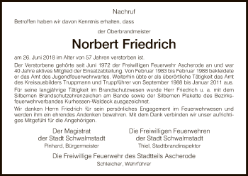 Todesanzeige von Norbert Friedrich von HNA
