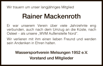 Todesanzeige von Rainer Mackenroth von HNA