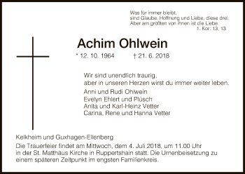 Todesanzeige von Achim Ohlwein von HNA