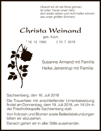 Todesanzeige von Christa Weinand von HNA